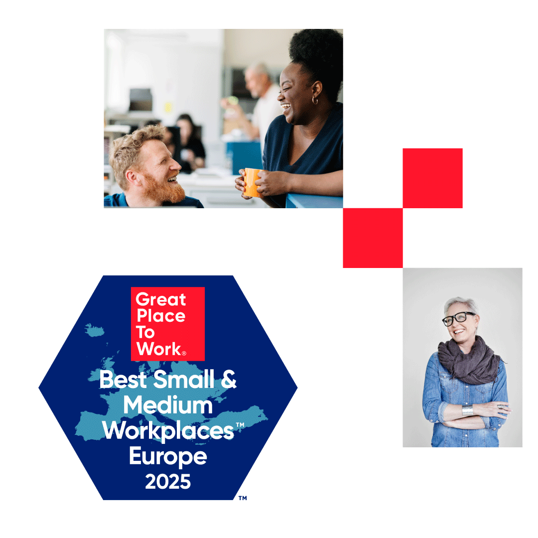 Billede af Europas Bedste Små og Mellemstore Arbejdspladser 2025-logo og glade mennesker