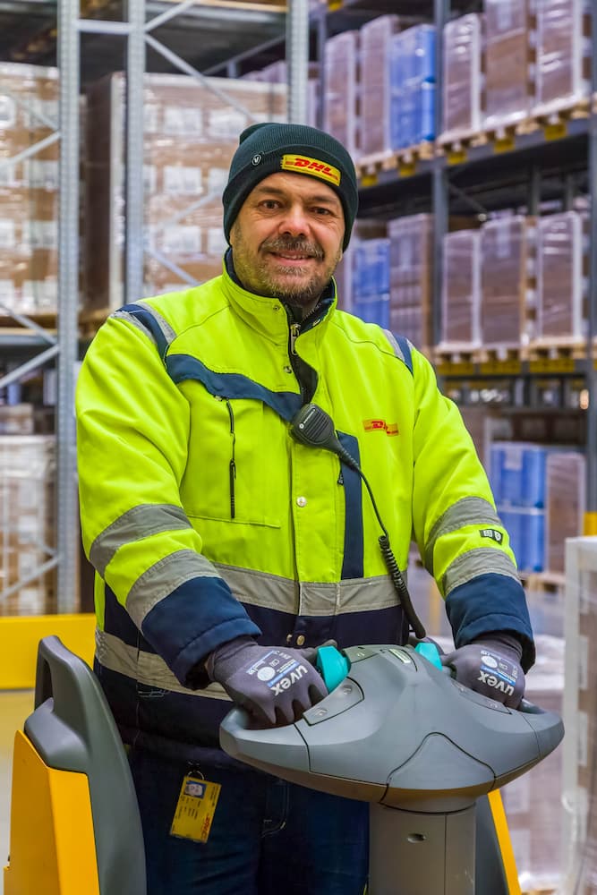 DHL Supply Chain: Denmark Ljubo from our Inbound Team in Greve driving a pallet lifter.