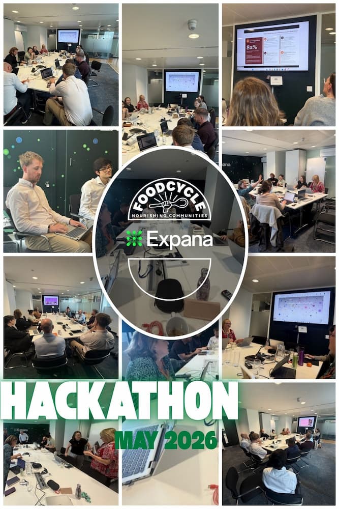 Expana colleagues roll up their sleeves and work together at a FoodCycle hackathon focused on tackling food waste.